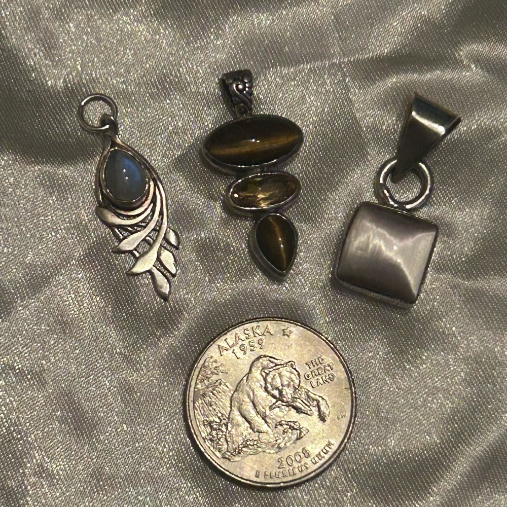 Vintage glowy sterling silver pendant lot: Tiger eye, cat eye, moonstone - Picture 2 of 4